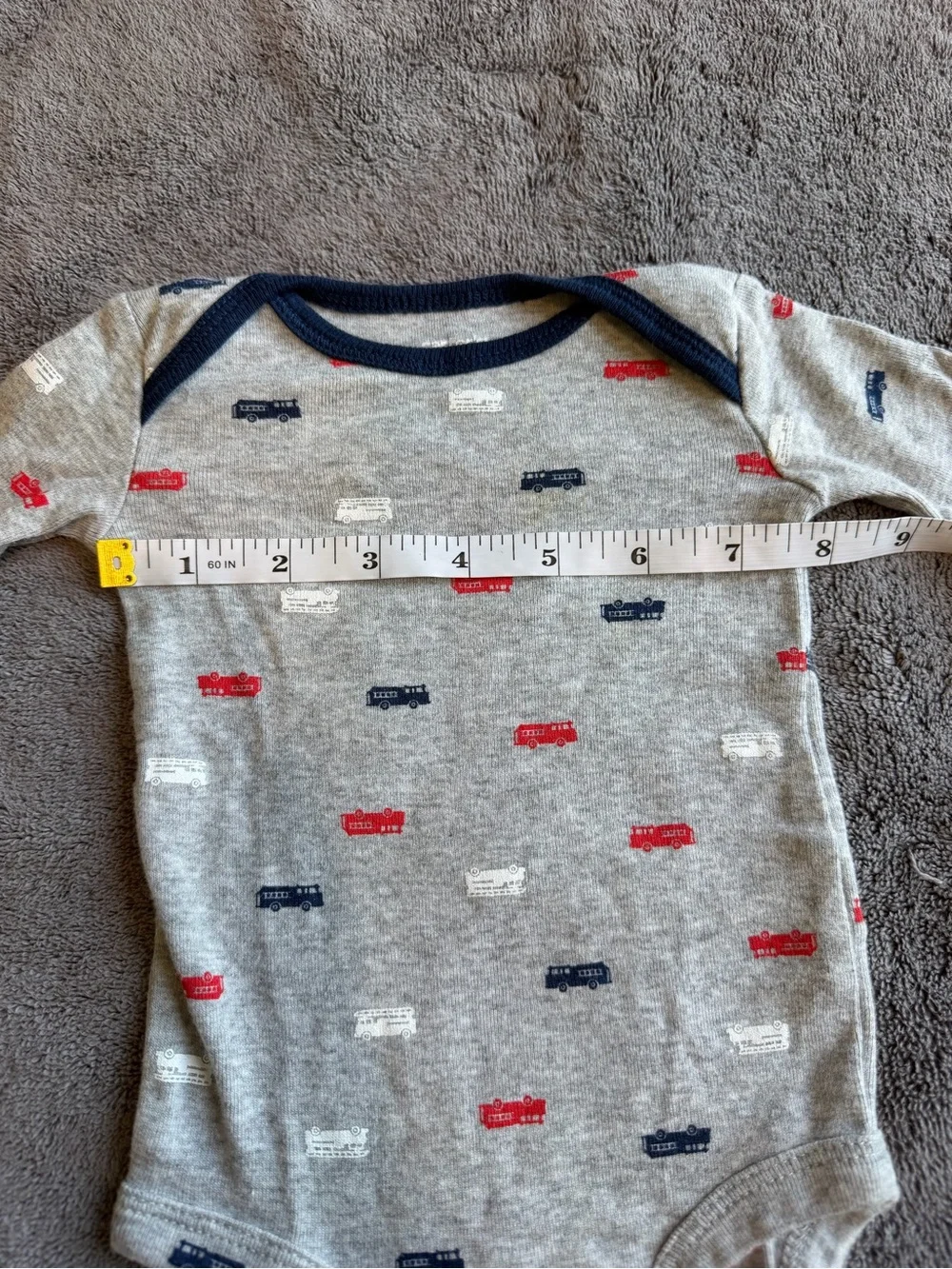 ❤️$3 with Bundle!  Grey Long-Sleeve One-Piece with Red & Navy Firetruck Print